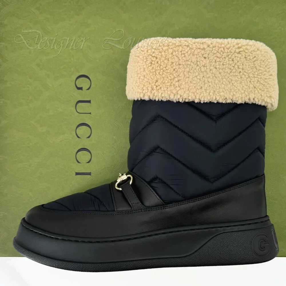 NEW GUCCI Quebec Shearling Horsebit Quilted Nylon and Leather Boots G 9 / US 9.5